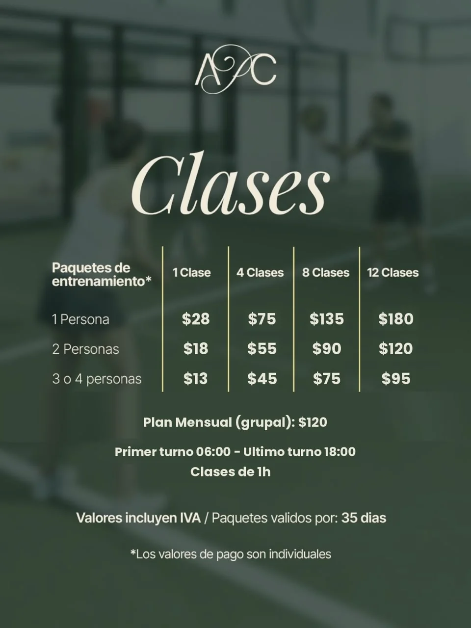 Paquetes de entrenamiento de pádel adultos y jóvenes